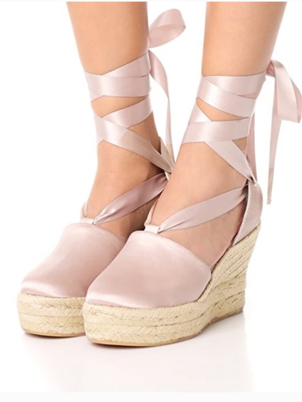 Tory Burch Elisa Espadrilles Wedges Heeled Lace Up Shoes Satin Pink Size 7.5